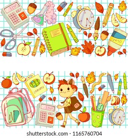 A set collection of doodle style objects and kids. Back to school theme. Cute cartoon, hand drawn. Autumn leafs, supplies, clear fancy backpack, chemistry, calculator, notebook, alarm clock