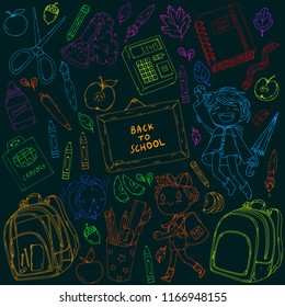A set collection of doodle style objects and kids. Back to school theme. Cute cartoon, hand drawn. Autumn leafs, supplies, clear fancy backpack, chemistry, calculator, notebook, alarm clock