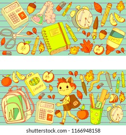 A set collection of doodle style objects and kids. Back to school theme. Cute cartoon, hand drawn. Autumn leafs, supplies, clear fancy backpack, chemistry, calculator, notebook, alarm clock