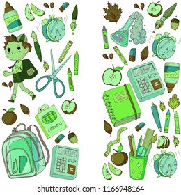 A set collection of doodle style objects and kids. Back to school theme. Cute cartoon, hand drawn. Autumn leafs, supplies, clear fancy backpack, chemistry, calculator, notebook, alarm clock