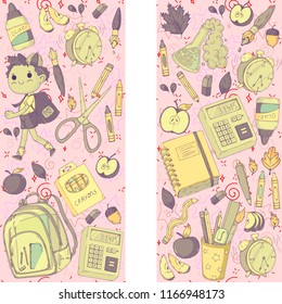 A set collection of doodle style objects and kids. Back to school theme. Cute cartoon, hand drawn. Autumn leafs, supplies, clear fancy backpack, chemistry, calculator, notebook, alarm clock