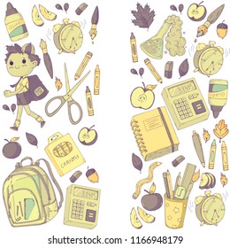 A set collection of doodle style objects and kids. Back to school theme. Cute cartoon, hand drawn. Autumn leafs, supplies, clear fancy backpack, chemistry, calculator, notebook, alarm clock