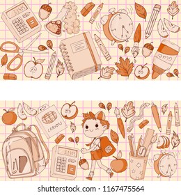 A set collection of doodle style objects and kids. Back to school theme. Cute cartoon, hand drawn. Autumn leafs, supplies, clear fancy backpack, chemistry, calculator, notebook, alarm clock