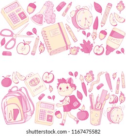A set collection of doodle style objects and kids. Back to school theme. Cute cartoon, hand drawn. Autumn leafs, supplies, clear fancy backpack, chemistry, calculator, notebook, alarm clock
