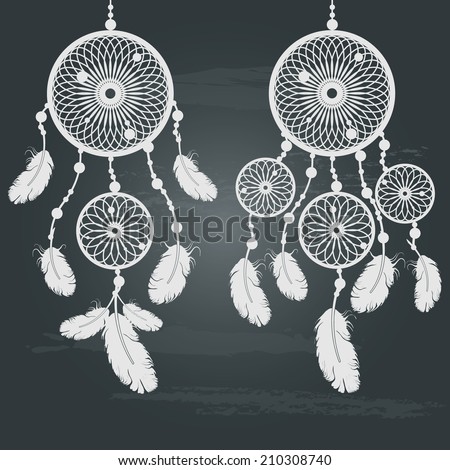 set collection of dream catchers. silhouette in white color isolated on chalkboard background. vector illustration 