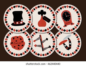 Set collection of drink coasters from Wonderland. Hatter hat, drink me, eat me, clocks, direction signs, mushroom. Printable Vector Illustration for Graphic Projects, Parties and the Internet.