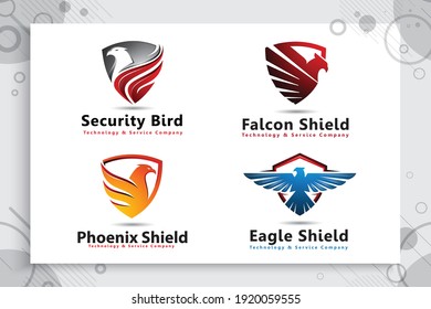 set collection of Eagle shield vector logo designs with modern style for technology company, Bird shield illustration for cyber security software.