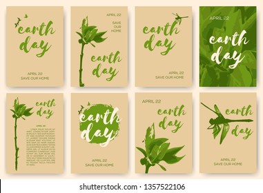 Set collection of earth day event card templates, poster or postal card. Unbleached paper. Minimalistic design.