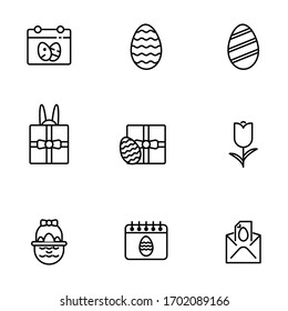 Set, collection of easter egg, happy easter related icons, outline and thin line icons on white background, such as: egg, bunny ears, gift EPS Vector