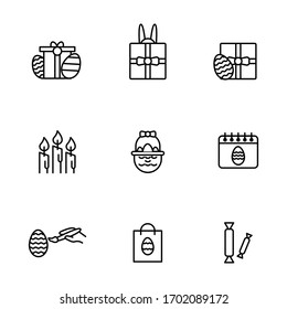 Set, collection of easter egg, happy easter related icons, outline and thin line icons on white background, such as: egg, bunny ears, gift EPS Vector