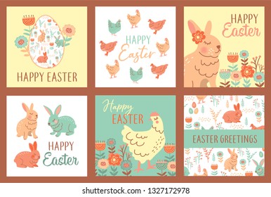 Set / collection of easter greeting card / poster / flyer/ invitation/ banner design template with rabbit, flower, hen and egg. Perfect for easter or spring. Scandinavian  folk vintage retro style.