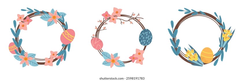 Set collection of Easter wreaths with painted eggs and spring flowers