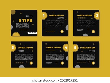 Set collection of editable minimal square banner template. Black and yellow background color. Suitable for social media post and web internet ads. Vector illustration with sample text