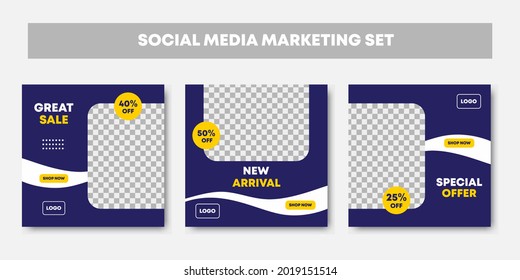 Set collection of editable minimal square banner template. Blue background color with stripe line shape. Design for social media feed post, digital marketing, web or internet ads. Vector illustration