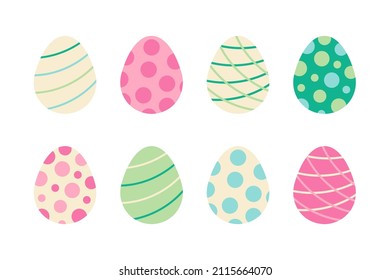Set, collection of eight cute colorful decorated easter eggs with dots and stripe decor for Easter design.