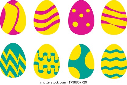 Set or collection of eight Easter eggs drawn in minimalist style- flat design