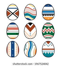 Set or collection of eight Easter eggs drawn in minimalist style. Colorful easter eggs with different textures, patterns and colors. Spring holiday. Vector illustration isolated on white background.