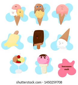 A set collection of eight vector ice cream melting and blue twisted circle on white background. Style  vector illustration.