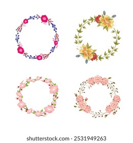 Set collection of elegant hand drawn watercolor decorative botanical flower frames border form circle shape for wedding invitations and greeting cards