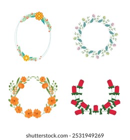 Set collection of elegant hand drawn watercolor decorative botanical flower frames border form circle shape for wedding invitations and greeting cards