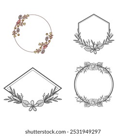 Set collection of elegant hand drawn watercolor decorative botanical flower frames border form circle shape for wedding invitations and greeting cards