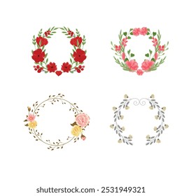 Set collection of elegant hand drawn watercolor decorative botanical flower frames border form circle shape for wedding invitations and greeting cards