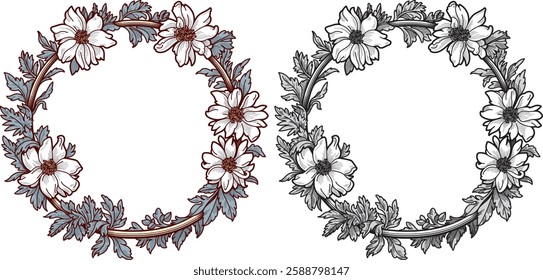 Set collection of elegant hand drawn decorative botanical flower frames border shapes circle shapes for wedding invitations and cards