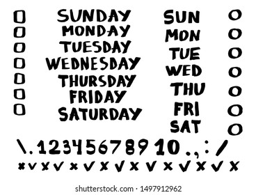 Set collection elements for design your check list. Days of the week. Set of numbers. Hand drawn doodle style. Vector illustration.