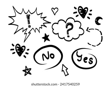Set and collection of elements in hand drawn style. Scribble. Emphasis. Doodle. Symbols to decorate designs for banners and posters. Fireworks, heart, lettering, stars. Lines from pens, markers. Notes