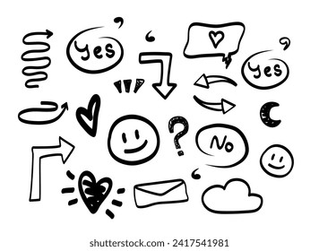 Set and collection of elements, shapes, figures, curls, hand drawn. Stroke. Scribble. Doodle. Vector illustration. Isolated. Minimalistic trendy design. Notes. Grunge texture.