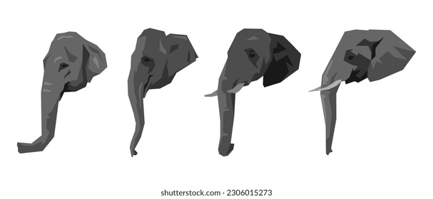 set collection of elephant heads side view. different types, sizes, ages, angles. cartoon flat vector illustration.