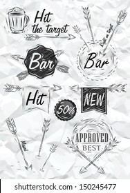Set collection emblem of bar, target, arrow, in retro style drawing on crumpled paper background.