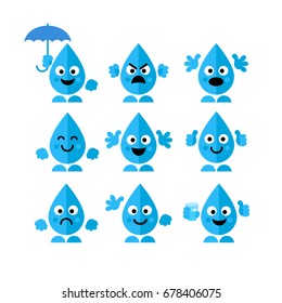 Set, collection of emotions water drop characters in flat style isolated on white background. Art vector illustration.