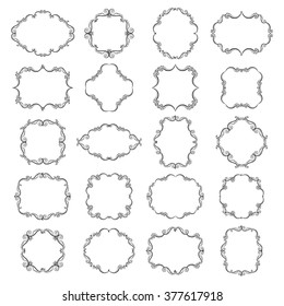 Set collection of empty blank ornamental vintage frames in black color. Page decoration. Vector illustration. Isolated on white background. Can use for birthday card, wedding invitations. 