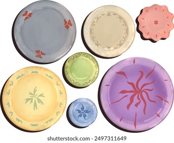 set collection of empty ceramic bowls plates or dishes. Vector cartoon set of kitchen tableware, bright porcelain or pottery utensil