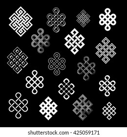 Set collection of the endless knot or eternal knot. White sign in different variatons isolated on black background.  Vector illustration.