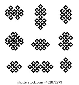 Set collection of the endless knot or eternal knot designs. Black sign in different variatons isolated on white background. Vector illustration.