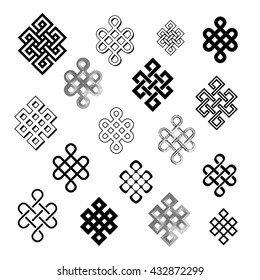 Set collection of the endless knot or eternal knot. Black sign in different variatons isolated on white background. Vector illustration.