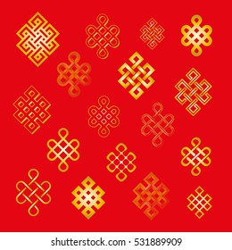 Set collection of the endless knot or eternal knot. Golden yellow sign in different variatons isolated on red background. Vector illustration.