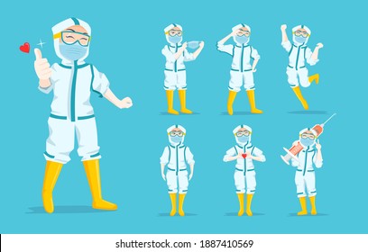 Set Collection of Expressive Nurse Character Illustration wearing ppe hazmat suit with different posture and gesture 