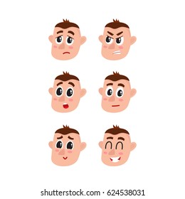 Set, collection of face expressions - upset, angry, surprised, doubtful, shy and happy, cartoon vector illustration on white background. Funny cartoon Caucasian male face showing various emotions