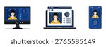 Set collection of face recognition implemented on diverse electronic devices. Ideal for technology blogs, security software promotions, and biometrics concept illustrations.