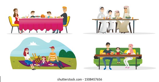 Set Collection Family Lunch in Different Cultures. Family Values Different Cultures. Arabic Family in Traditional Dress Sitting at Dinner Table. European Dad and Mom with Child at Picnic.
