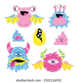 Set collection of fantastic monsters on white isolated background for kids. Vector children's illustration. Funny monsters from fairy tales, funny aliens.
