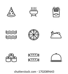 Set, collection of fast food related, junk food, potato guy icons, outline and thin line icons on white background, such as: pizza, chicken, sausages EPS Vector