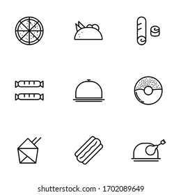 Set, collection of fast food related, junk food, potato guy icons, outline and thin line icons on white background, such as: pizza, chicken, sausages EPS Vector