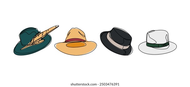 Set collection of fedora hat, panama. Editable line and colored. Vector illustration.