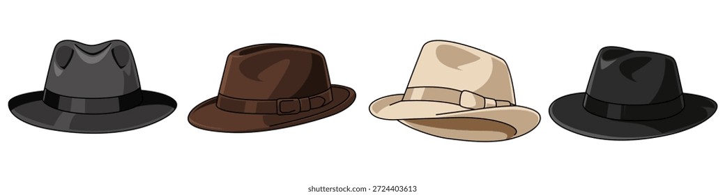 Set Sammlung fedora Hut aus verschiedenen Ansichten. Vektorgrafiken Cowboykappe mit unterschiedlichem Winkel. Kopfbedeckungen im Cartoon-Design für den Urlaub auf transparentem Hintergrund. 