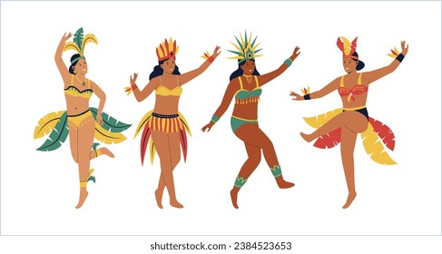 Set collection of female Brazilian samba dancers. Woman in carnival costume. Vector flat illustration