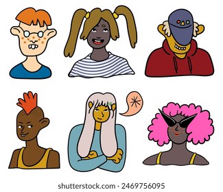 set collection female girls boys guys teenagers character portrait in doodle style in vector. template for avatar design sticker coloring postcard poster print
